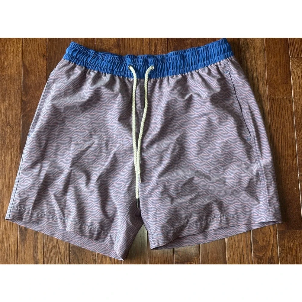 Fair Harbor Mens Swim Trunks Blue Pink Wave Print Recycled Size Large 6in Inseam